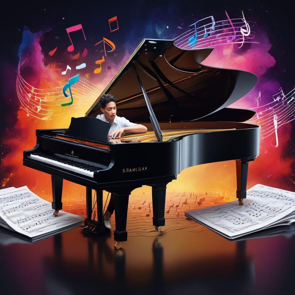 A vibrant collage featuring a diverse musician at a piano, surrounded by musical notes transforming into colorful blogs and stories. Include actions of writing and composing music, like sheets of music evolving into engaging articles on a digital screen. The background should blend the essence of music and writing seamlessly, with symbols representing different genres intertwined. super-realistic. vibrant colors. 3D.