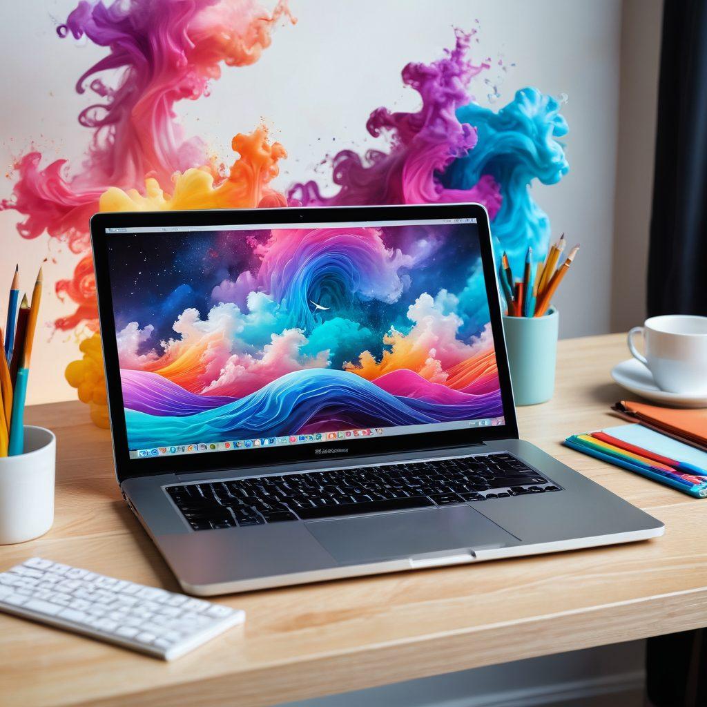 A vibrant digital workspace, adorned with musical notes and colorful paint splashes, featuring a laptop displaying the Spitify blogging platform. Surrounding the laptop are artistic tools like paintbrushes and musical instruments, symbolizing creativity. The background subtly fades into a dreamy landscape of musical waves and digital clouds, inviting inspiration. super-realistic. vibrant colors. 3D.