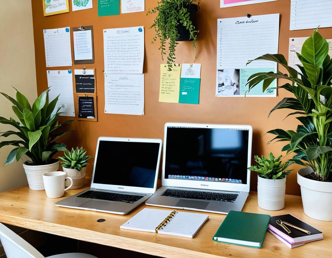 A cozy workspace featuring a wooden desk cluttered with notebooks, colorful pens, and a laptop displaying a blog post. In the background, a bulletin board filled with inspirational quotes and photos. A steaming cup of coffee sits nearby, with soft, warm lighting creating an inviting atmosphere. Include a lush plant for a touch of nature. vibrant colors. super-realistic.
